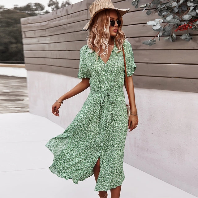 Floral Print Women Casual Bandage Dress. Summer Beach Maxi Dress Vintage Button Holiday Ladies Chic Dresses