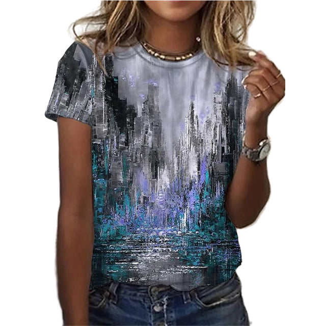 Women Short Sleeve T-shirt, 3D Flower Print Oil Painting Shirt, Summer Round Neck Loose Comfortable T-shirt